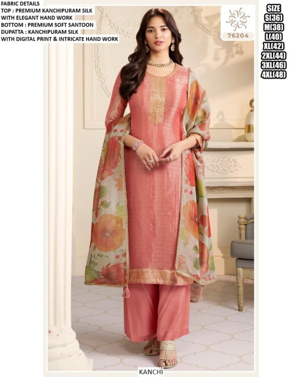 Party Style Premium Kanchipuram Silk Hand Worked Beautiful Un-Stitched Salwar Suits