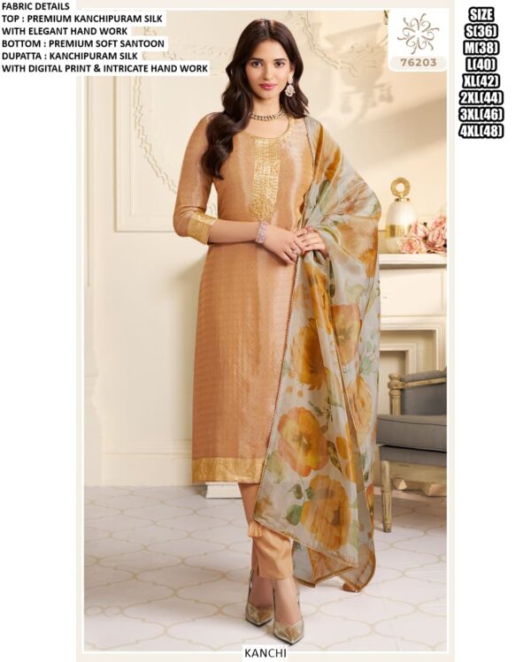 Party Style Premium Kanchipuram Silk Hand Worked Beautiful Un-Stitched Salwar Suits