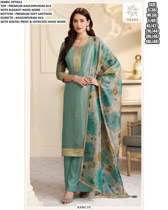 Party Style Premium Kanchipuram Silk Hand Worked Beautiful Un-Stitched Salwar Suits