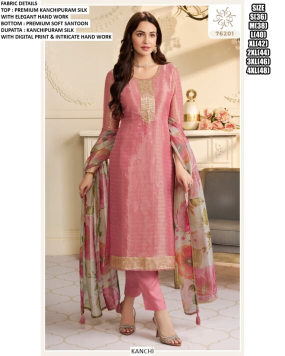 Party Style Premium Kanchipuram Silk Hand Worked Beautiful Un-Stitched Salwar Suits