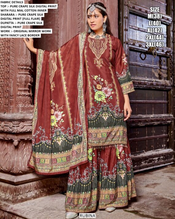 Buy Our New Exclusive Designer Pure Crepe Silk Sharara Style Pakistani Salwar Kameez