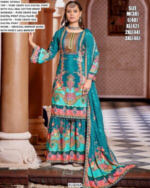 Buy Our New Exclusive Designer Pure Crepe Silk Sharara Style Pakistani Salwar Kameez