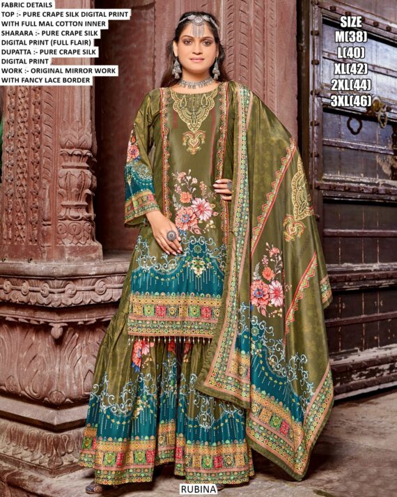 Buy Our New Exclusive Designer Pure Crepe Silk Sharara Style Pakistani Salwar Kameez