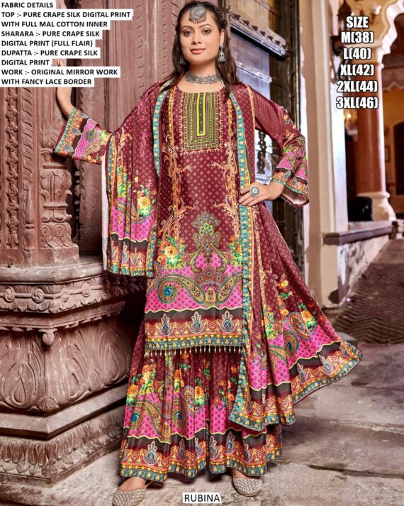 Buy Our New Exclusive Designer Pure Crepe Silk Sharara Style Pakistani Salwar Kameez