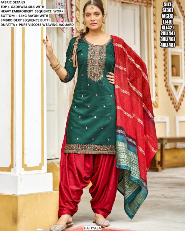 Interesting Designer Gadhwal Silk Punjabi Style Readymade Patiyala Suits (7 Piece Catalogue)