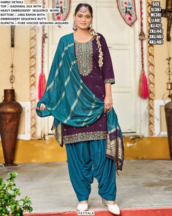 Interesting Designer Gadhwal Silk Punjabi Style Readymade Patiyala Suits (7 Piece Catalogue)