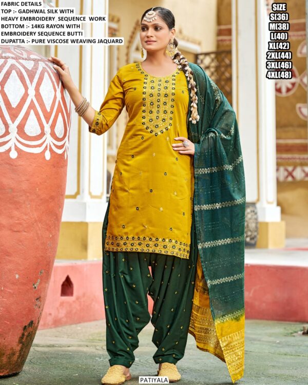 Interesting Designer Gadhwal Silk Punjabi Style Readymade Patiyala Suits (7 Piece Catalogue)