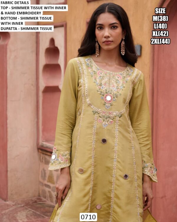 Occasion Wear Shimmer Tissue Hand Embroidered Light Yellow Colour Co-ord Set With Dupatta