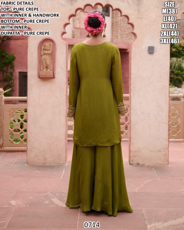 Olive Green Colour Pure Natural Crepe Hand Worked Three-Piece Readymade Plazo Suit