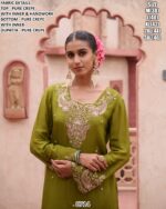 Olive Green Colour Pure Natural Crepe Hand Worked Three-Piece Readymade Plazo Suit