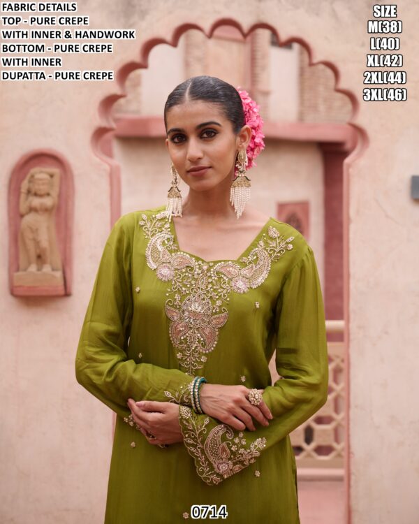 Olive Green Colour Pure Natural Crepe Hand Worked Three-Piece Readymade Plazo Suit