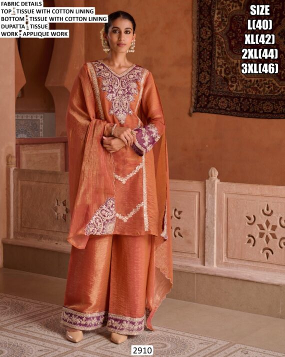Buy Exclusive Applique Work Orange Colour Tissue Salwar Suit With Dupatta - Ethnicrang