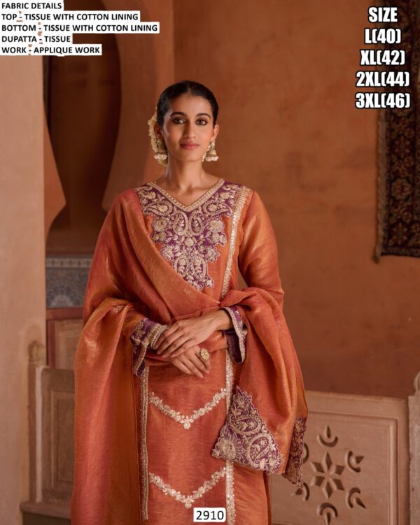 Buy Exclusive Applique Work Orange Colour Tissue Salwar Suit With Dupatta - Ethnicrang
