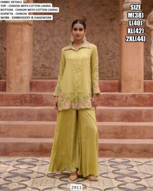 Hand Work With Embroidered Floral Designer Collared Co-ord Set In Dusty Mint Green Colour