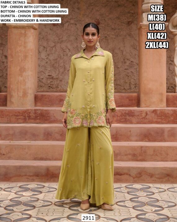 Hand Work With Embroidered Floral Designer Collared Co-ord Set In Dusty Mint Green Colour