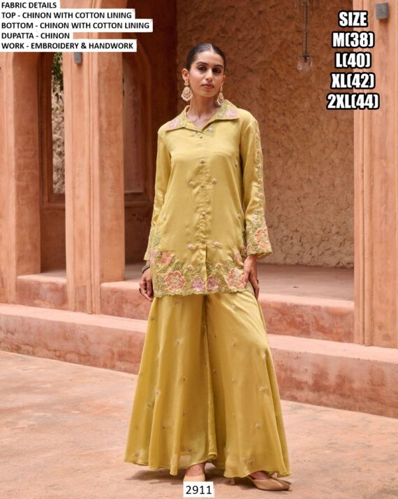 Hand Work With Embroidered Floral Designer Collared Co-ord Set In Dusty Mint Green Colour