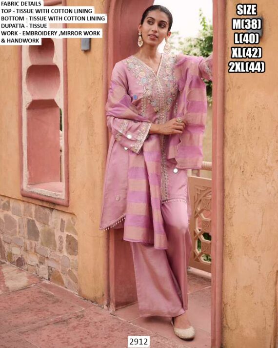 Baby Pink Tissue Embroidery And Beautiful Mirror Work Festive Style Salwar Suit