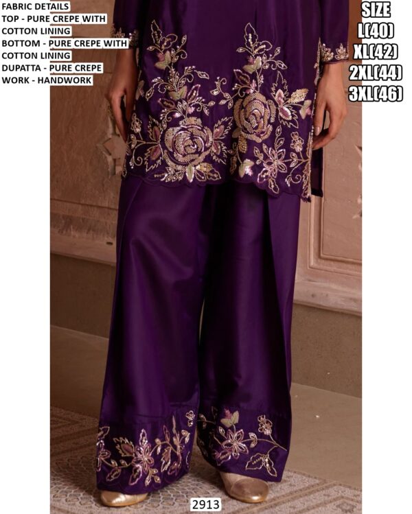 Hand Worked Three-Piece Party Wear Look Readymade Pure Crepe Purple Salwar Suit Set