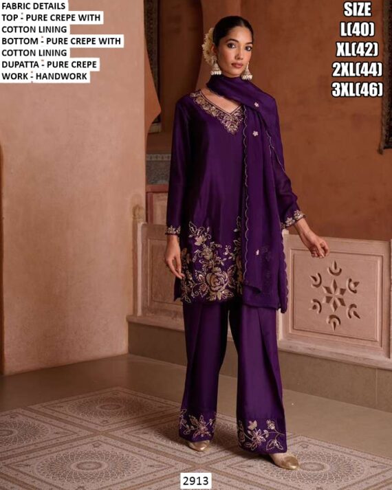 Hand Worked Three-Piece Party Wear Look Readymade Pure Crepe Purple Salwar Suit Set