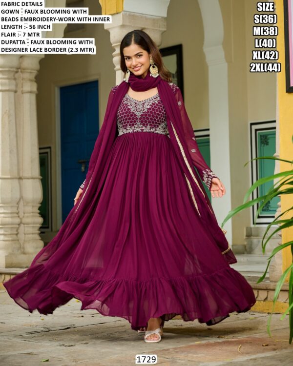Wedding Special Wine Colour Faux Blooming With Attractive Embroidered Beads Work Gown