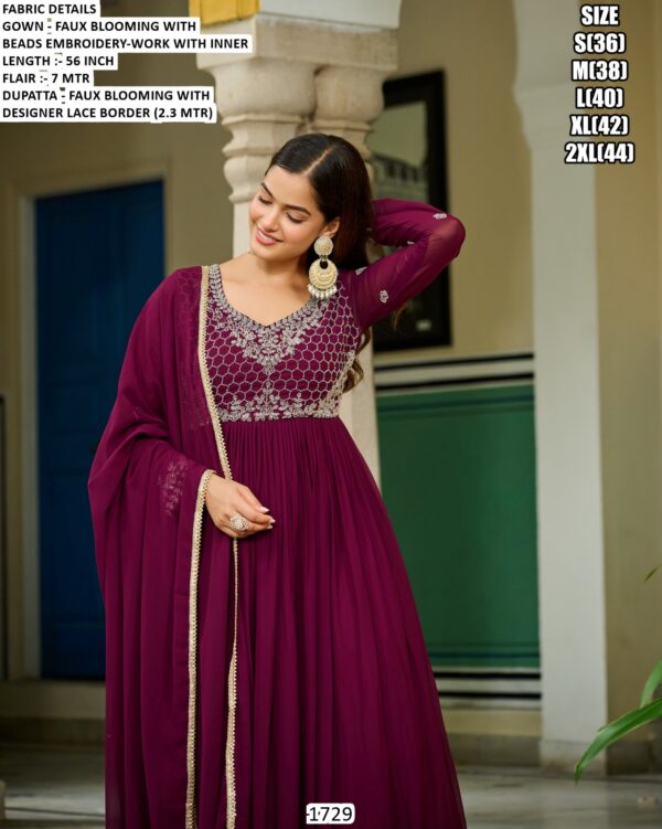 Wedding Special Wine Colour Faux Blooming With Attractive Embroidered Beads Work Gown