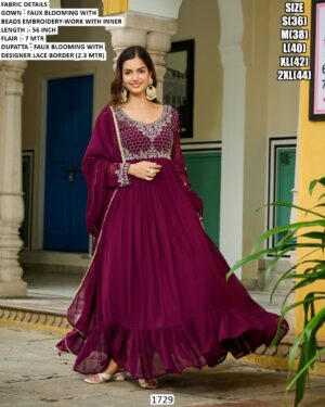 Wedding Special Wine Colour Faux Blooming With Attractive Embroidered Beads Work Gown