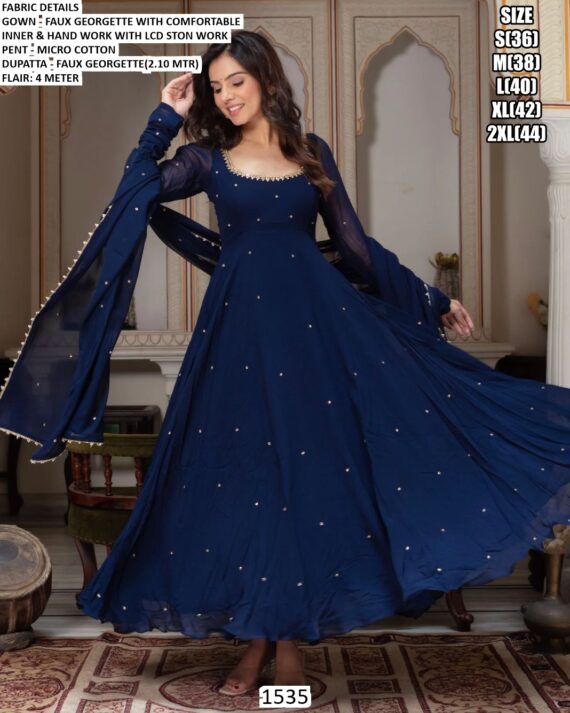 Delightful Midnight Blue Coloured Party Wear Faux Georgette Readymade Anarkali Suit