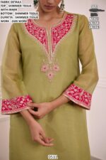 Pista Green Shimmer Tissue Zari Work A Line Festive Wear Readymade Salwar Suit