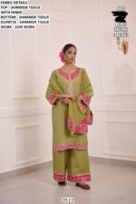 Pista Green Shimmer Tissue Zari Work A Line Festive Wear Readymade Salwar Suit
