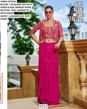 Georgette Dhoti Skirt With Mirror Work Jacquard Silk Crop Top And Jacket (Party Wear Indo-Western Dress)