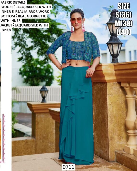 Georgette Dhoti Skirt With Mirror Work Jacquard Silk Crop Top And Jacket (Party Wear Indo-Western Dress)
