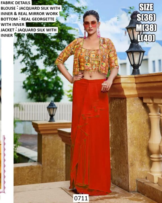 Georgette Dhoti Skirt With Mirror Work Jacquard Silk Crop Top And Jacket (Party Wear Indo-Western Dress)