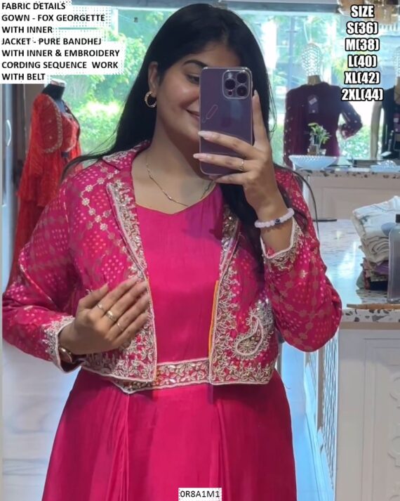 Faux Georgette Plain Gown With Bandhani Printed Jacket Set In Two Amazing Colours!