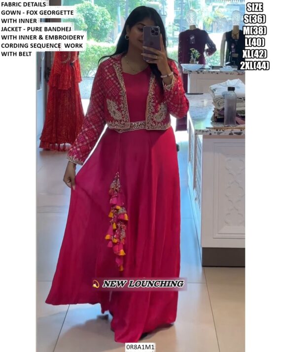 Faux Georgette Plain Gown With Bandhani Printed Jacket Set In Two Amazing Colours!