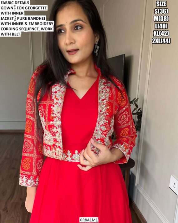 Faux Georgette Plain Gown With Bandhani Printed Jacket Set In Two Amazing Colours!