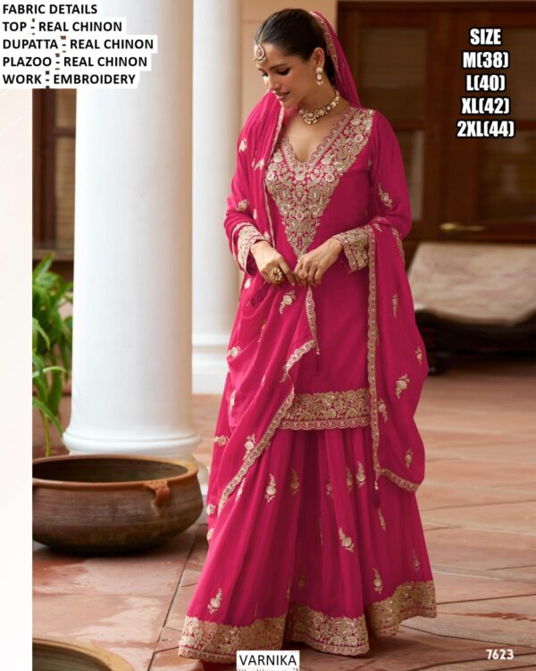 Brighten Your Wedding Look With This Traditional Embroidered Real Chinon Plazo Suits
