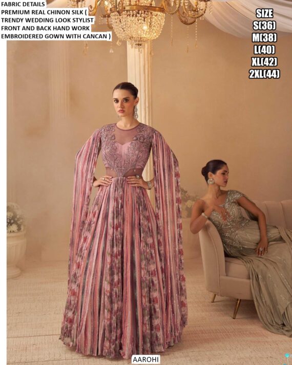 Fully Stitch Chinon Silk Exclusive Evening Party Or Wedding Reception Wear Indo-Western Gowns