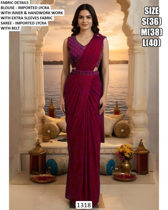 Shop Our Collection Of Plain Imported Lycra Ready To Wear Saree With Heavy Designer Blouse