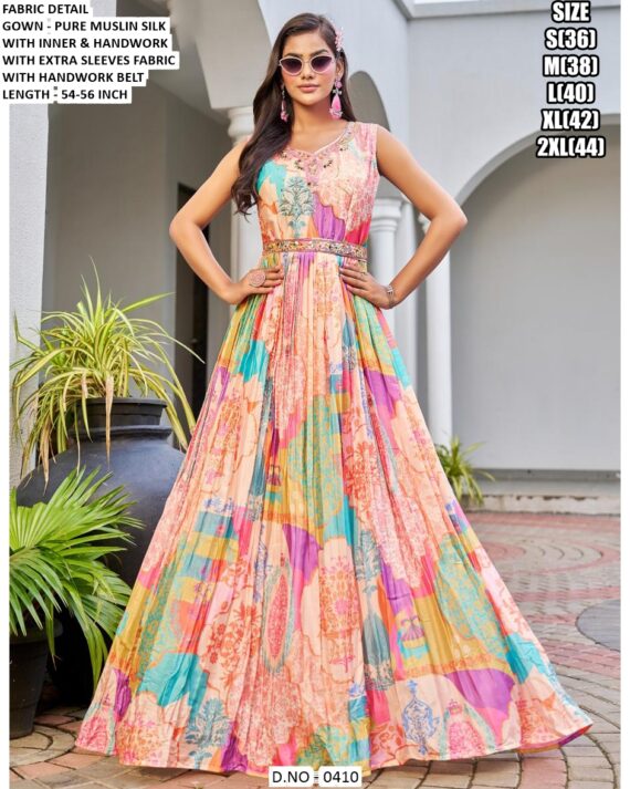 Functions Wear Digital Printed Pure Muslin Gown Available In Marvellous Designs And Colours!!