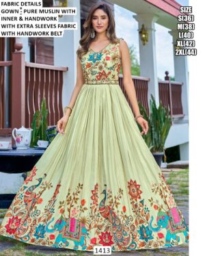Functions Wear Digital Printed Pure Muslin Gown Available In Marvellous Designs And Colours!!
