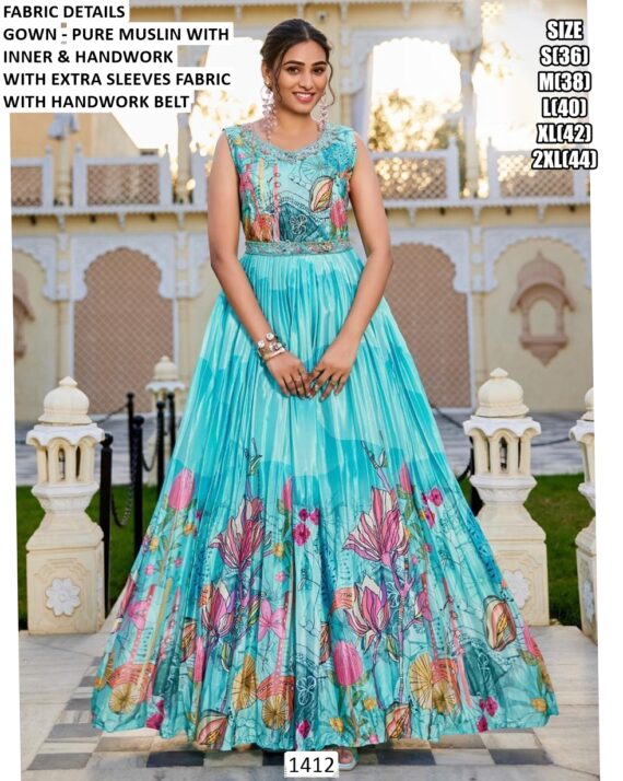 Functions Wear Digital Printed Pure Muslin Gown Available In Marvellous Designs And Colours!!