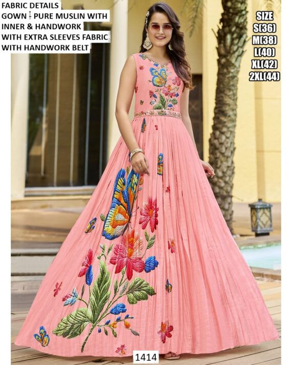 Functions Wear Digital Printed Pure Muslin Gown Available In Marvellous Designs And Colours!!