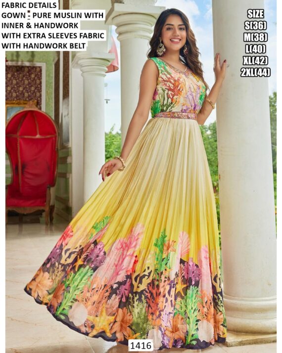 Functions Wear Digital Printed Pure Muslin Gown Available In Marvellous Designs And Colours!!