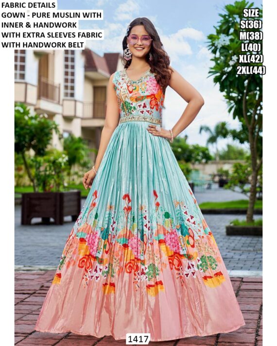 Functions Wear Digital Printed Pure Muslin Gown Available In Marvellous Designs And Colours!!