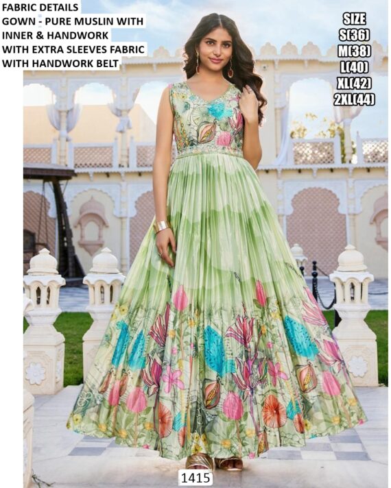 Functions Wear Digital Printed Pure Muslin Gown Available In Marvellous Designs And Colours!!