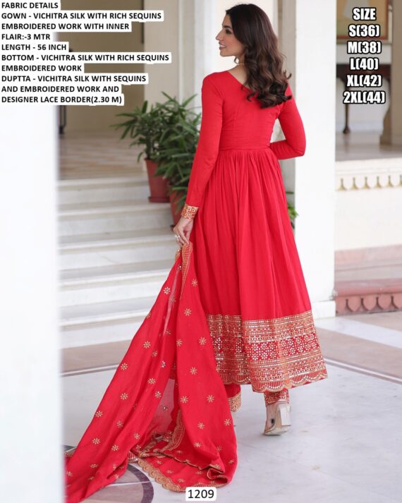 Coral Red Colour Vichitra Silk Festivities And Weddings Long Anarkali Salwar Suit