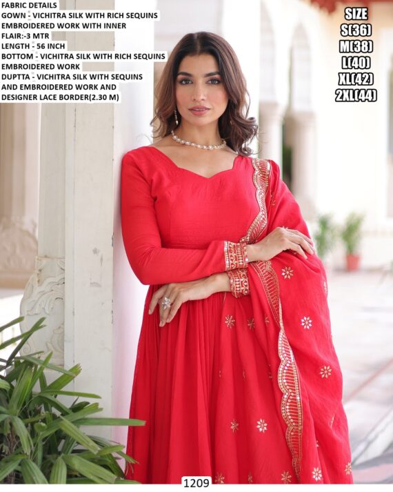 Coral Red Colour Vichitra Silk Festivities And Weddings Long Anarkali Salwar Suit