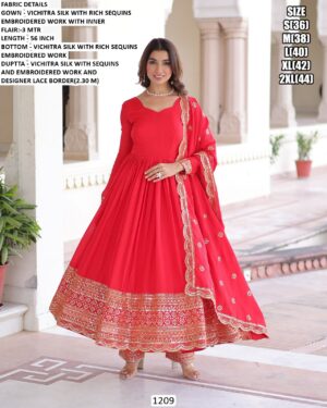 Coral Red Colour Vichitra Silk Festivities And Weddings Long Anarkali Salwar Suit