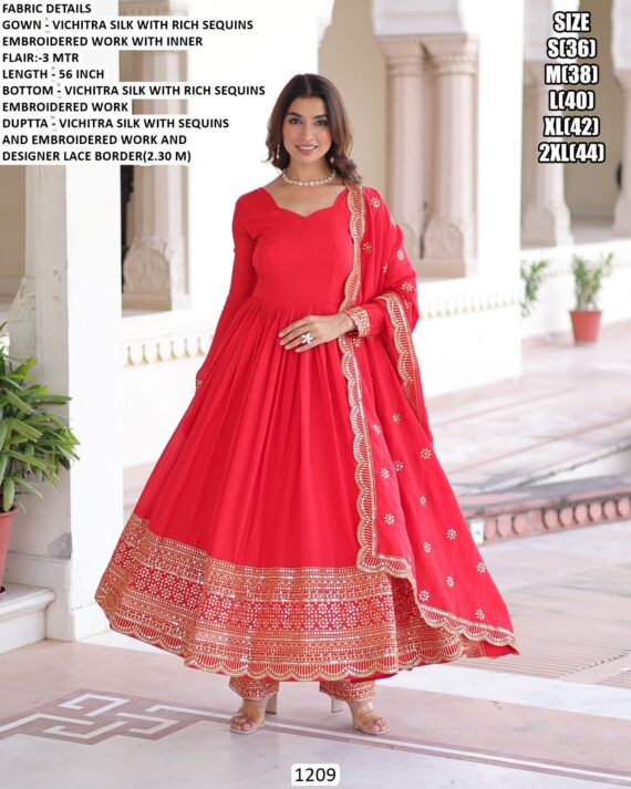 Coral Red Colour Vichitra Silk Festivities And Weddings Long Anarkali Salwar Suit