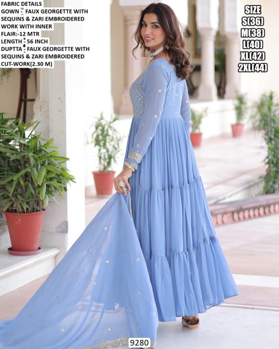 Stunning Ruffle Flair Designer Faux Georgette Readymade Gown With An Embroidered Dupatta